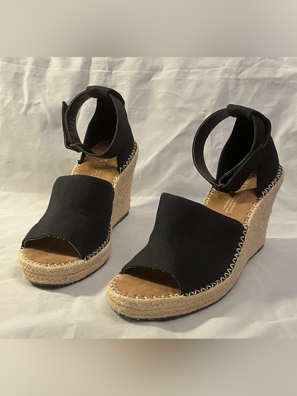 Tom's Marisol Black Espadrille Wedge Sandals with Ankle Strap 7.5